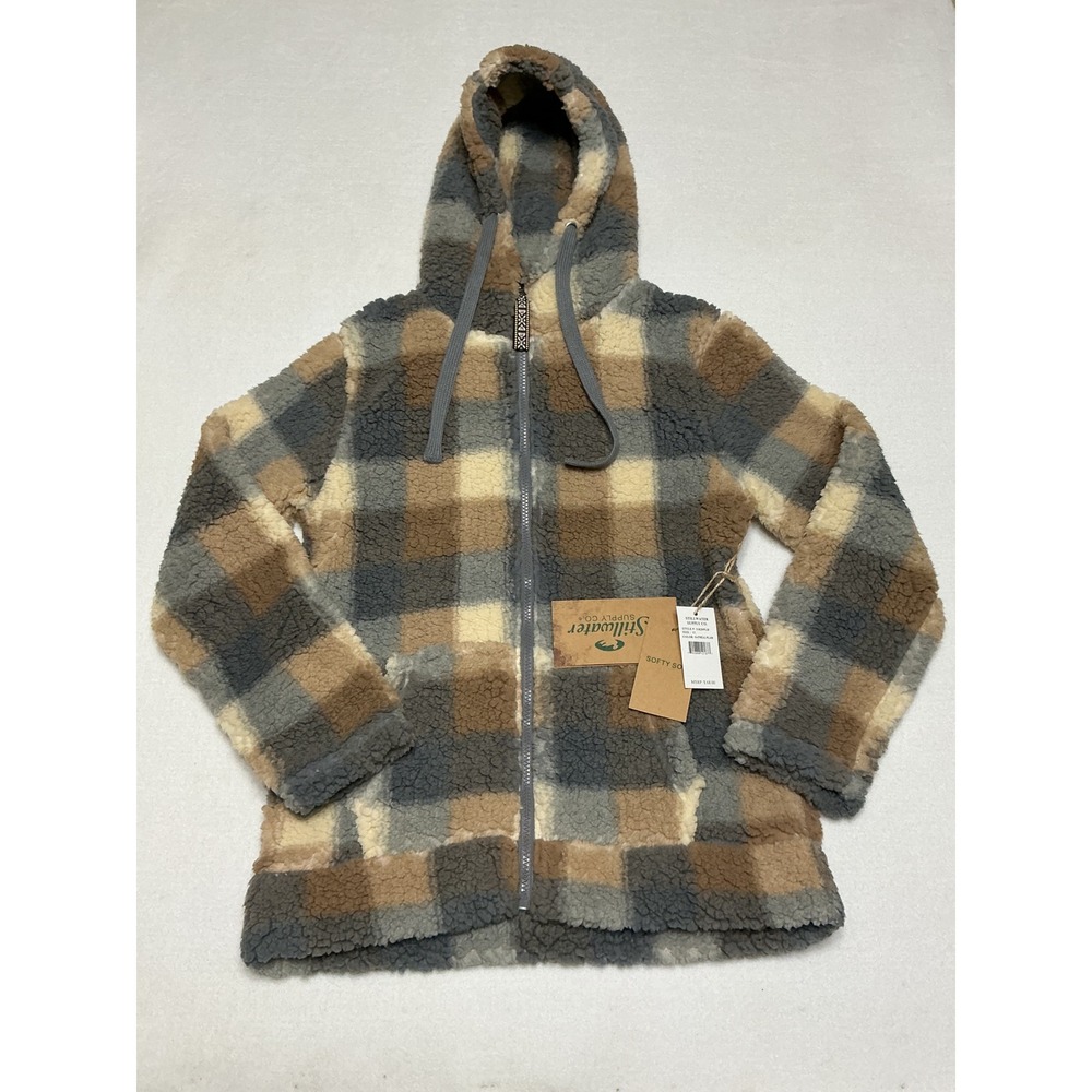 Stillwater Supply Co Sherpa Jacket Womens 12 Oatmeal Plaid Hooded 31820PLD NWT